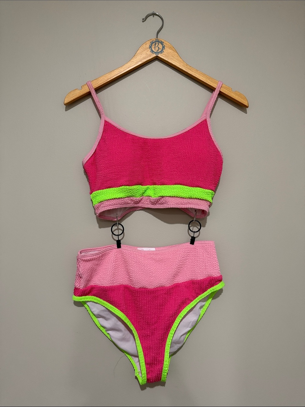 Pink Lily Hot Pink & Neon Green Colorblock Bikini Set